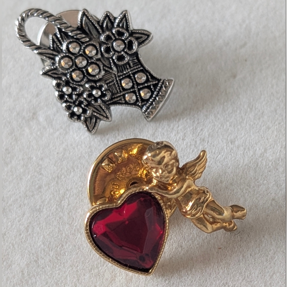 Vintage Avon Mini Pins Set – Cherub Heart & Marcasite Flower Basket